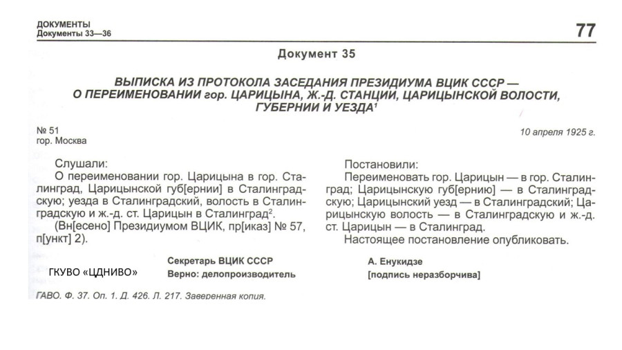 Извлечение из сборника «Городская черта». Царицын – Сталинград – Волгоград [Текст]: (административно-территориальное деление города в XX веке): документы и материалы – Волгоград: Издатель, 2010. – 77с.  Фонд научно-справочной литературы ГКУВО «ЦДНИВО»
